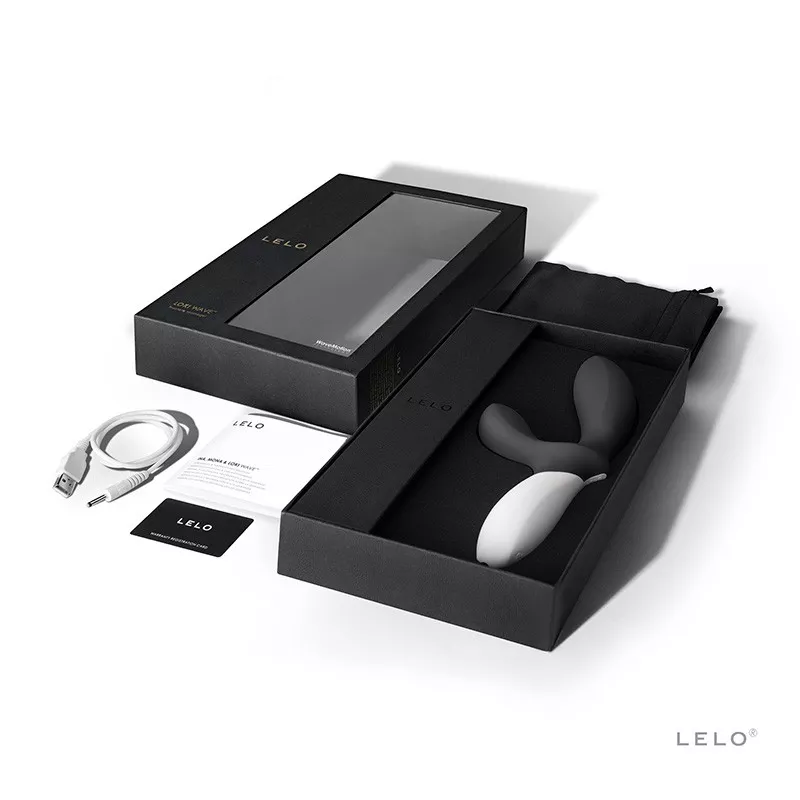 Boite du Loki Wave de LELO avec pochette, chargeur, lubrifiant et manuel d'utilisation