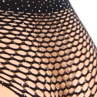 Brassiere & Culotte Taille Haute en Resille - Oh Oui - detail de la résille noire et strass