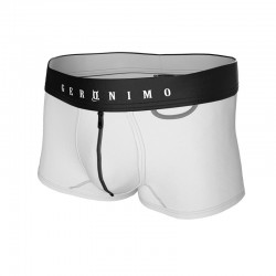 Boxer Geronimo blanc avec Zip : détail de ceinture élastique logotypée, poche secrète et fermeture éclair pratique